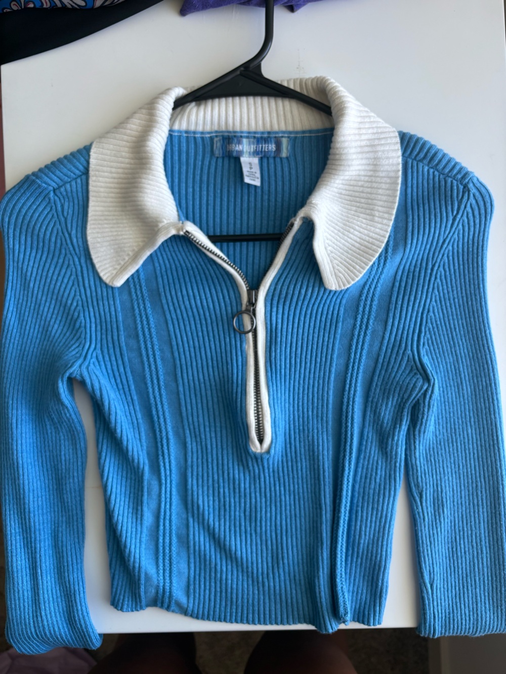 Urban Outfitters Sky Blue Ribbed Half-Zip Sweater with Cream Collar